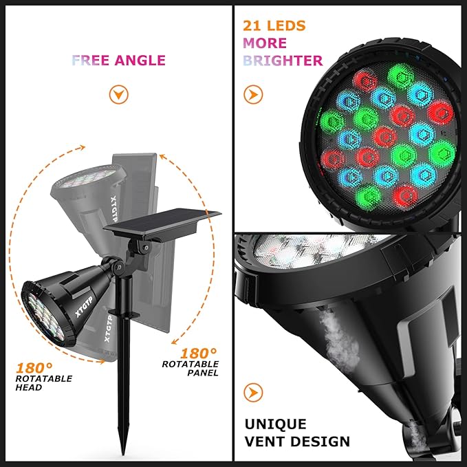 Solar Color Spot Lights Outdoor, 21 LEDs Color Changing Solar Outdoor Lights, IP67 Waterproof RGB Multicolor Yard Solar Spotlights Auto On/Off for Pathway Garden Pool Patio Tree