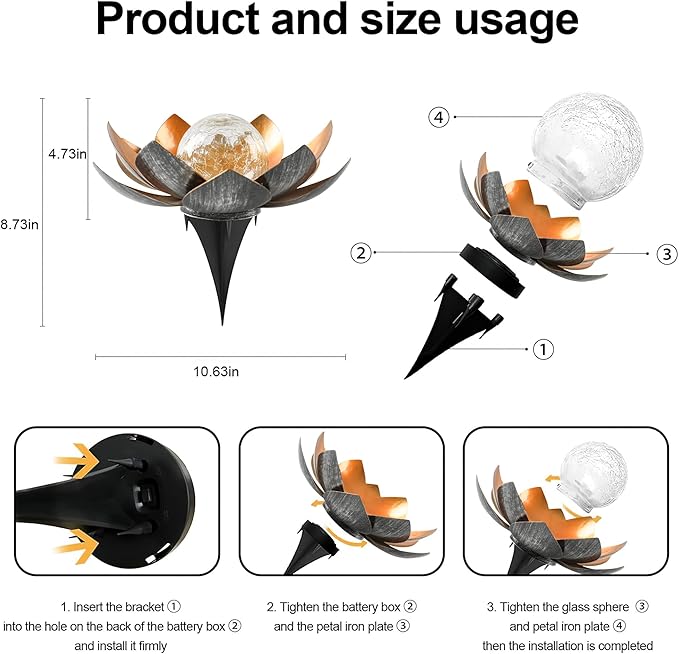 Outdoor Solar Lights, Garden Decor, Crackle Glass Globe, Waterproof Metal Lotus Flower Light for Patio, Lawn, Walkway, Tabletop, Ground