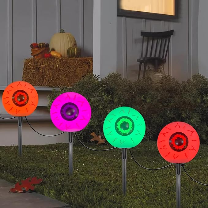 Outdoor Halloween Decorations Pathway Lights, 7Ft Halloween Eyeballs Pathway Markers String Lights Waterproof with 4 LED Scary Eyeballs Halloween Stakes Lights for Outdoor Walkway Yard Lawn Garden