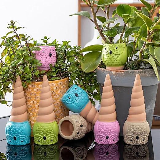 Self Watering Spikes for Plants, Terracotta Slow Release Watering System - Vacation Plant Waterer, 4 Pack Owl Shape Automatic Plant Watering Devices for Indoor Outdoor Potted Plants