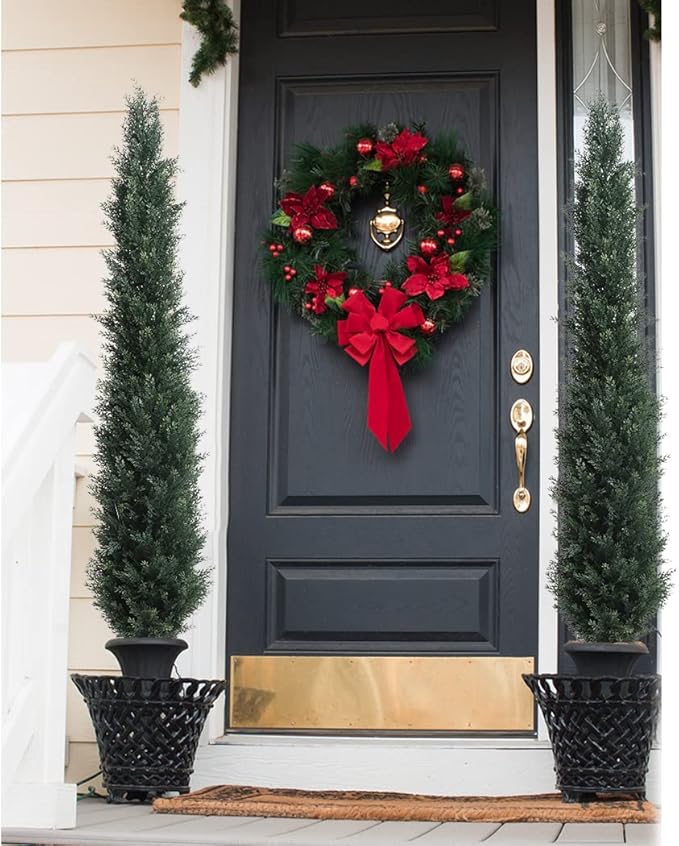 momoplant Artificial Topiary Cedar Tree Outdoor Uv Resistant, 5.5 Ft Faux Cypress Toparies Trees 67 Inch Fake Plant【2 Pack】 with Black Pot