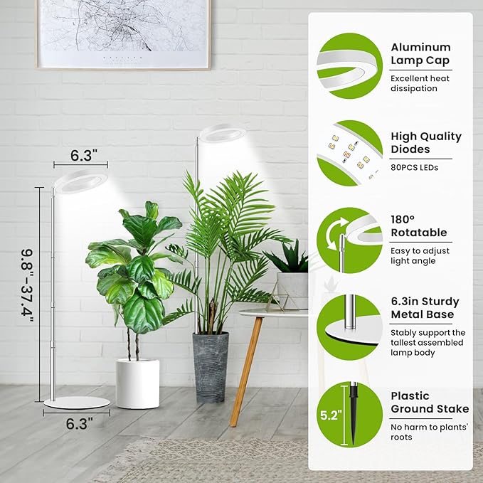 Grow Lights for Indoor Plants, 80 LEDs Full Spectrum Plant Lights for Indoor Growing with 2 Mounting Options, 6H 12H 16H Timer, 3 Spectrum Modes, 37 in Height Adjustable Grow Lamp, 2 Pack