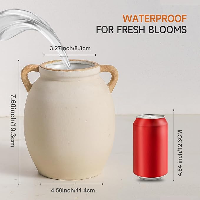 Ceramic Flower Vase 7.6 inch Farmhouse Rustic Vase Decorative Pottery Terracotta Vases for Home Decor Table Mantle Fireplace Living Room Bathroom Wedding Centerpiece