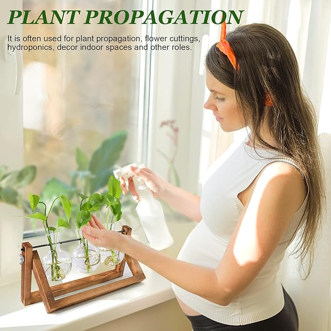 Plant Propagation Station, Plant Terrarium with Wooden Stand, Unique Gardening Birthday Gifts for Women Plants Lovers, Home Office Garden Decor Planter - 3 Bulb Glass Vases