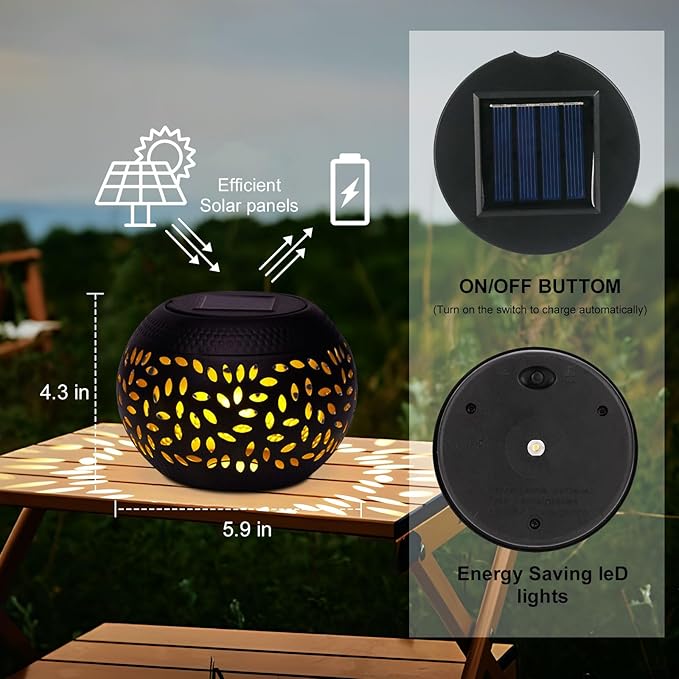 Solar Lantern Outdoor Table Light, 2 Pack Waterproof Decor, Hollow Out Retro Black Metal Patio Lights, Yard Porch Garden Balcony Indoor Desk Bedroom Tabletop Decorations