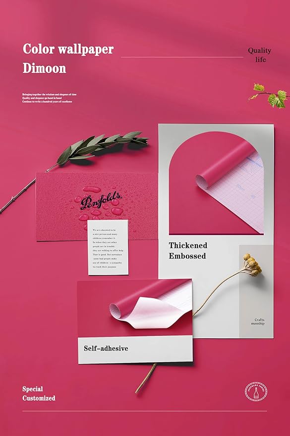 Dimoon 393''x17.7'' Pink Peel and Stick Wallpaper Contact Paper Modern Self Adhesive Wall Paper Removable Renter Friendly Textured Solid Color Shelf Cabinet Vinyl Roll (393''x17.7'',Rose Red)