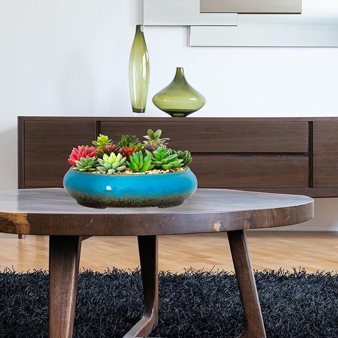 Succulent Pots - 11.5 Inch Ceramic Bonsai Pots with Drainage, Large Shallow Succulent Planters for Indoor Outdoor Plants, Round Glazed Cactus Flower Plant Container Bowl Home Desk Decor(Blue)