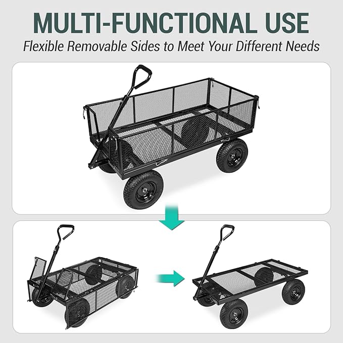 Taifa Heavy Duty 1100 Lbs Capacity Steel Garden Cart with 11.5 inch Tire, Removable Side Panels Turn Into Flatbed, Utility Cart for Yard Lawn and Farm, Metal Wagon with 180° Rotating Handle, Black