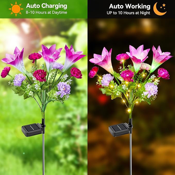Solar Flowers Lights Outdoor Waterproof, 2 Pack 2 in 1 Solar Lily Flowers Bouquet for Garden Decor, Multi LED Color Changing Garden Lights Outdoor for Pathway Yard Patio Decoration