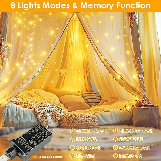 2Pack Each 66Ft 200 LED Fairy Lights Plug in, Waterproof String Lights Outdoor & Indoor, LED String Lights 8 Modes with Timer, Twinkle Light for Girl's Room Garden Christmas Decorations (Warm White)