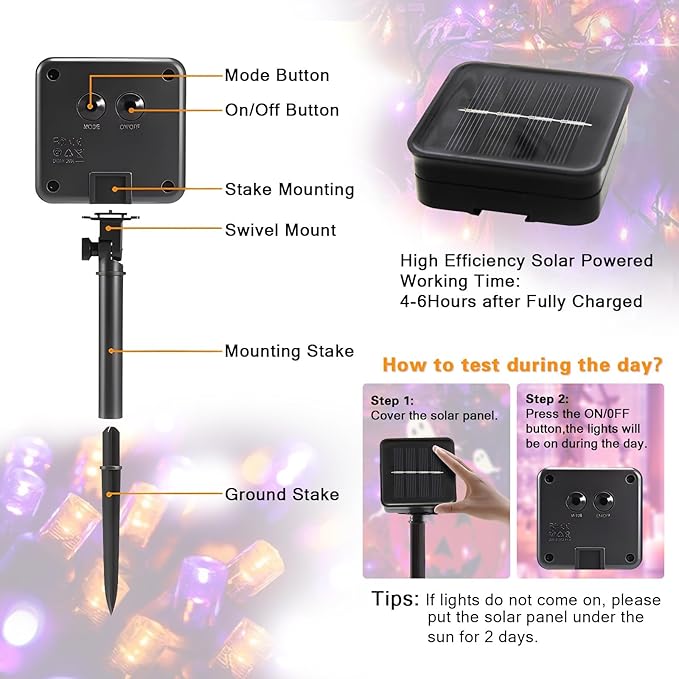 6-Pack Solar String Lights, 600 LED Extra-Long 236Ft Solar Halloween Lights Outdoor Waterproof, 8 Modes Led Halloween Lights for Garden, Patio, Wedding(Purple & Orange)