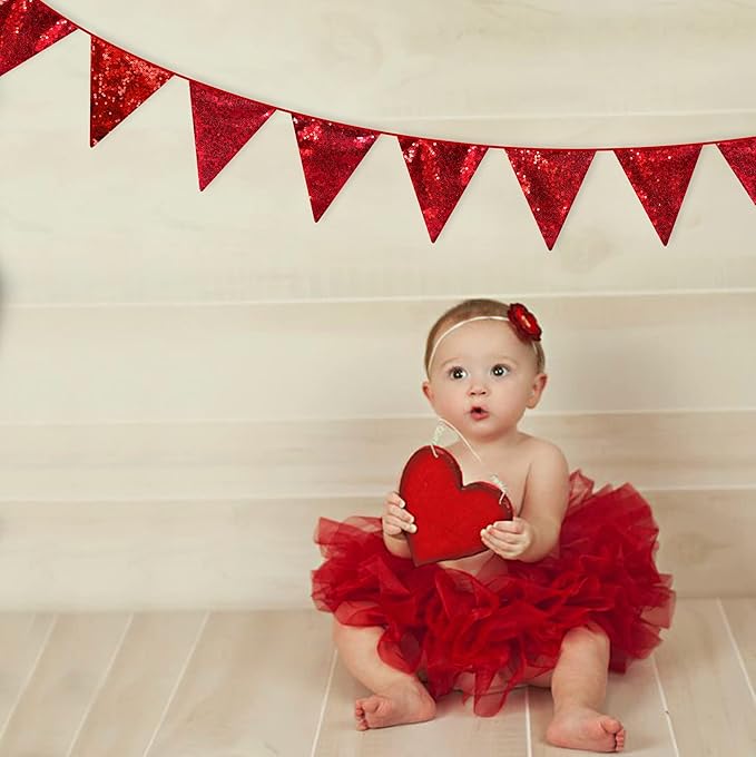 Red Party Decorations Double Sided Sequin Red Triangle Pennant Banner Flag Bunting Garland for Birthday Graduations Anniversary Wedding Engagement Bachelorette Valentines Bridal Shower Hen Party Decor