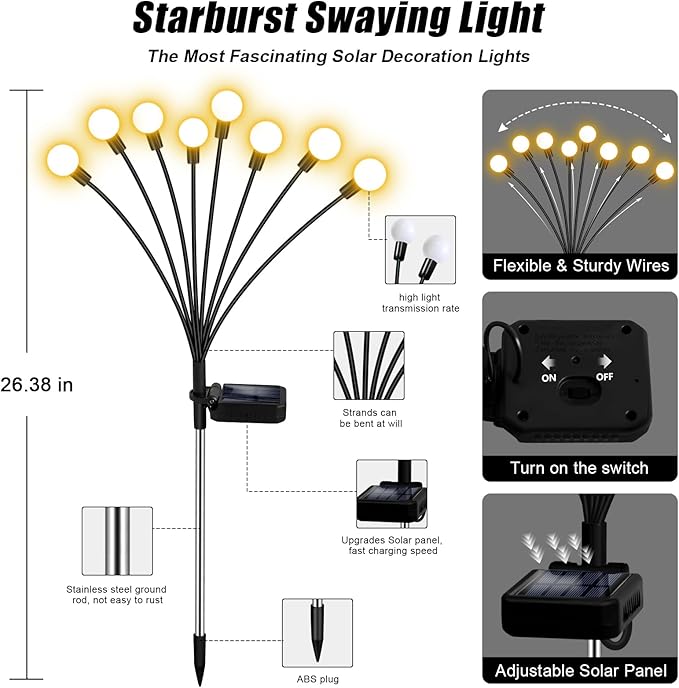 Solar Garden Lights Outdoor, 6 Pack 48LED Waterproof Solar Powered Lights for Yard Pathway Patio, Swaying Lawn Decor as Gardening Gifts for Women Holiday