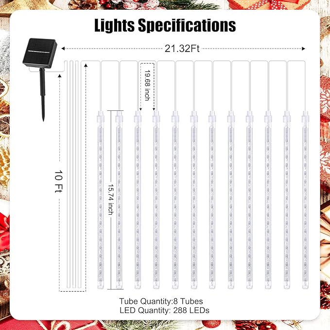 Solar Meteor Shower Lights - 16 Inch 8 Tube 288 LED, Waterproof, Cascading Falling Rain Lights for Tree, Bush, Holiday Parties, Christmas, Patio Decor - Warm White