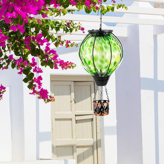 Solar Hot Air Balloon Lantern with Flame Flickering,Glass Hot Air Balloon Solar Lantern Outdoor Waterproof Hanging Outdoor Light for Patio Yard Garden Decor,Mother Day Gifts for Women(Green)