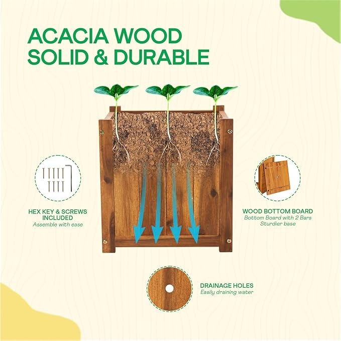 IDZO Set of 2 Acacia Wood Flower Planters for Outdoor Plants, Ergonomic Handles, Drainage Holes, Various Sizes, Ideal for Home Décor, Light Cherry