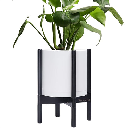 D'vine Dev Planter Pot with Stand - 10 Inch Plastic Cylinder Flower Pot with Wood Planter Holder for Indoor, Matte White Pot + Ebony Stand, 55-C-N-1