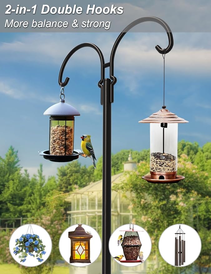 Outdoor Double Shepherds Hook with 5 Prong Base, 76 Inch Adjustable Heavy Duty Two Sided Bird Feeder Pole Stand for Hanging Plant Baskets, Solar Light Lanterns, Hummingbird Feeder, 1 Pack