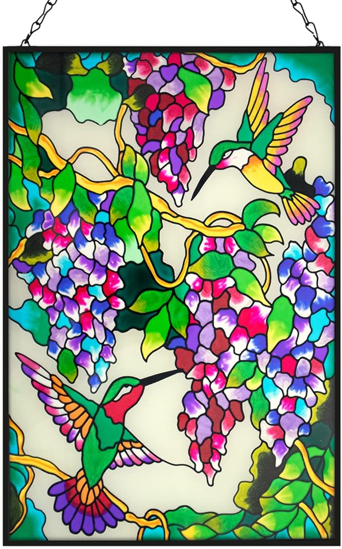 VEWOGARDEN Hummingbird Stained Glass Window Hangings 10" W x 15" H Bird Suncatcher Panel with Chain Windows Hanging Decor Ornament Gift