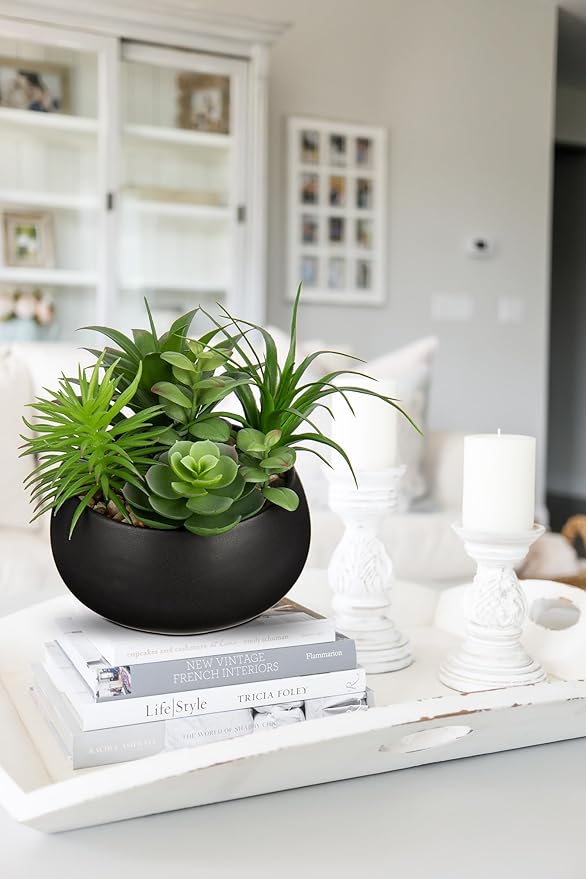 Fake Plants Artificial Succulents in Pots Faux Succulent Arrangement Potted Plant in Black Ceramic Planter Bowl for Home Decor Office Desk Bathroom Shelf Living Room Indoor Decorations