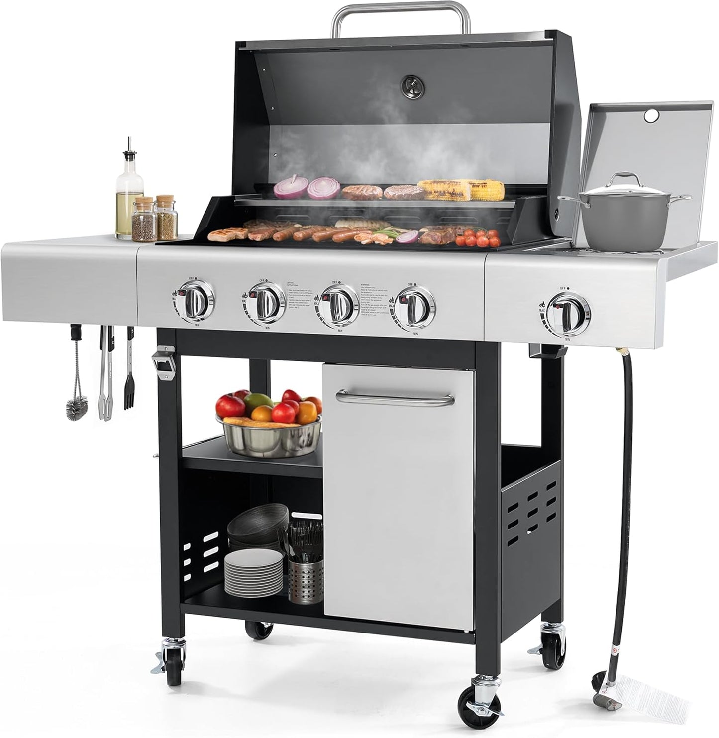 4-Burner Propane Gas Grill with Side Burner & Cabinet, 50,000 BTU Outdoor BBQ Grill with Porcelain-Enameled Cast Iron Grates, Stainless Steel Barbecue Grill for Outdoor Cooking (Silver)