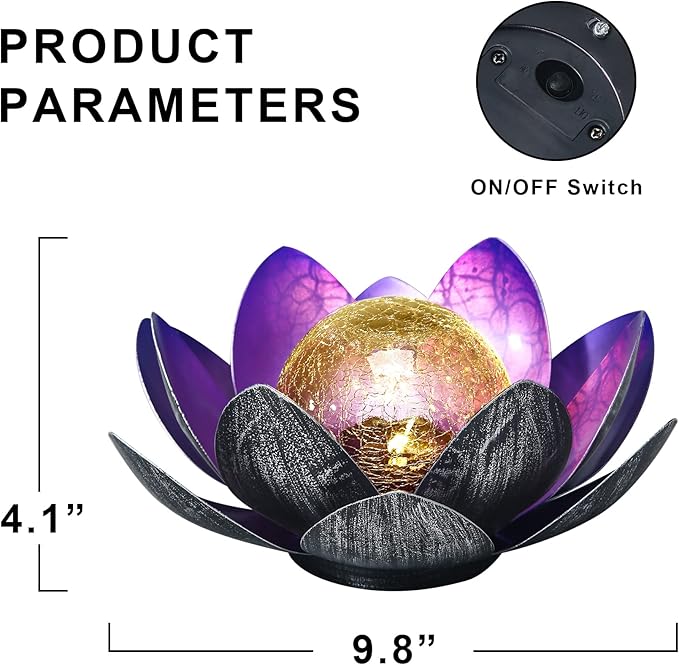 WNP Solar Powered Outdoor Decorative Lights Waterproof Lotus Flower with Crackle Glass Globe and Metal Base for Garden Patio Pathway Yard Tabletop Decor,Birthday Gift for Mom Sister Grandma