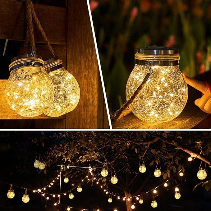 Solar Lantern Crackle Glass Ball, 4 Pack Garden Hanging Solar Lights Outdoor Waterproof Lanterns with 30 Warm White LED for Outdoor Decor Patio Yard Lawn Pathway
