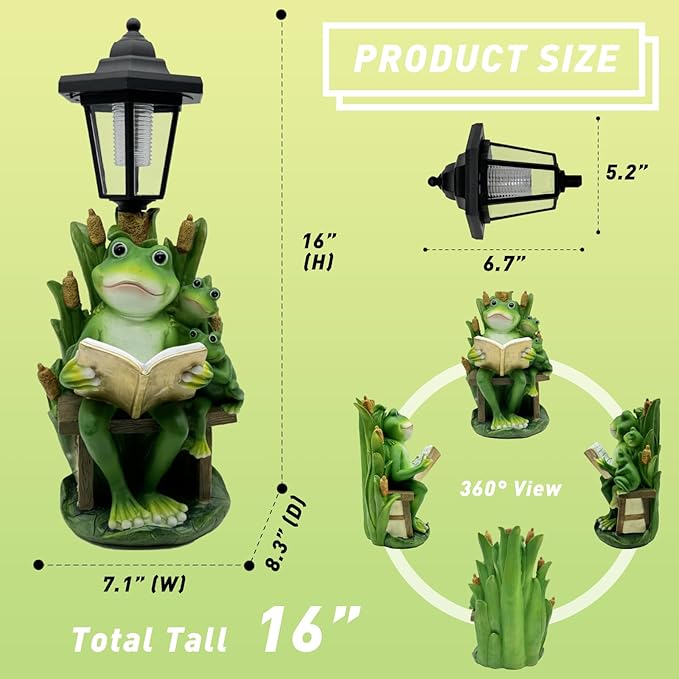 Frog Garden Statue with Solar Lantern - 16“ Outdoor Solar Lights Frog Figurine for Outside, Yard, Patio, Lawn Decor, Housewarming Gifts for Women, Mom