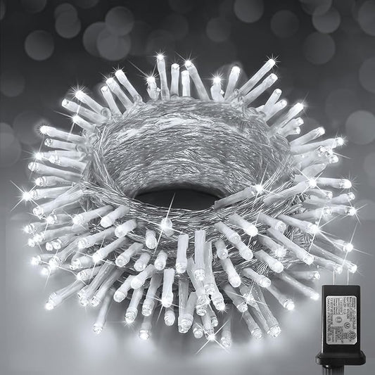 KNONEW Christmas String Lights Indoor Plug in,50FT 150LED Outdoor Waterproof Fairy Lights,8 Lighting Modes,Timer Memory Function for Bedroom Patio Balcony Party (Cool White)