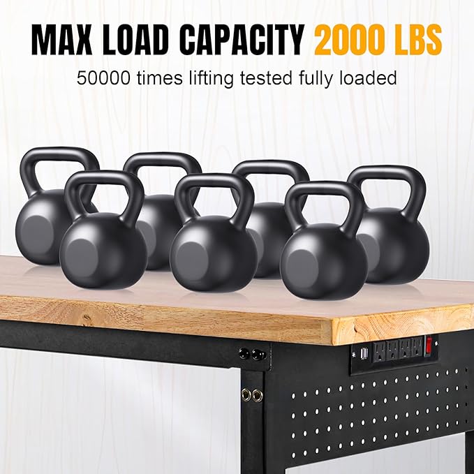 Height Adjustable Workbench Heavy Duty Work Table 2000 LBS Load Capacity 60”×22” Rubber Wood Work Station with Power Outlet & Pegboard for Garage, Workshop, Office,Party Shop, Home