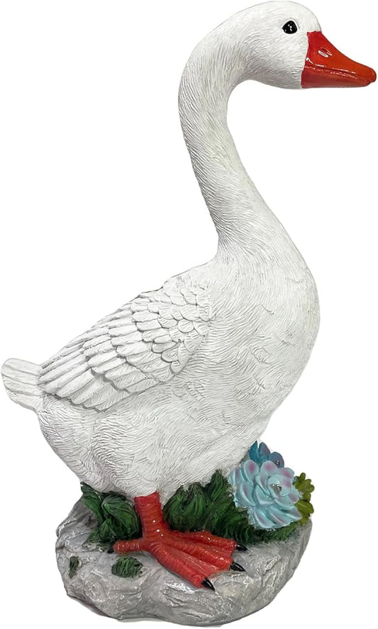 Resin GG Goose Statue with Two Solar Lights, Small Size, Garden Lawn Décor, Table Desk Corner Front Steps Decor, 13.1 inches Tall, White Duck, Indoor/Outdoor, by GGTown TM