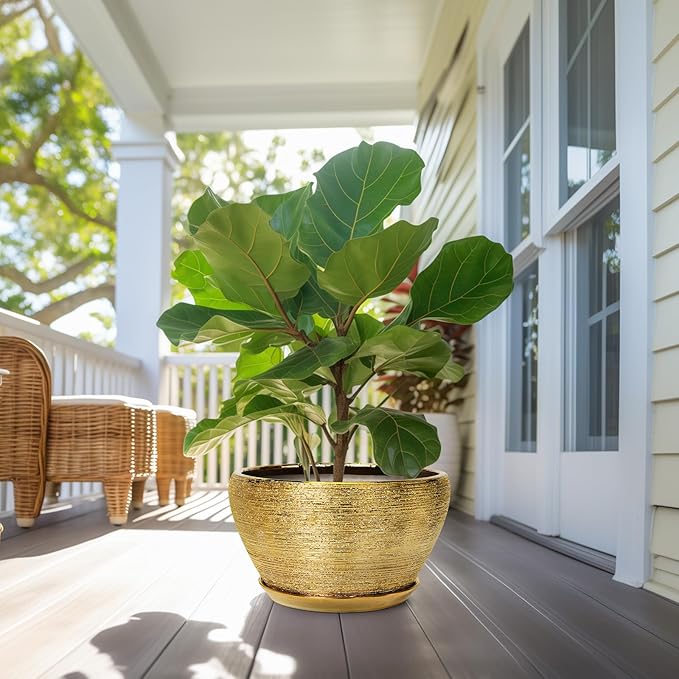 Ceramic Planter 13 Inch - Indoor Plant Pot with Drainage Hole and Saucer Large Ceramic Pot for Plants Mid-Century Decorative Modern Outdoor Flower Pot for Home Decor Gold