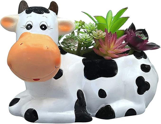 Cow Planter Pot - Cow Print Party Decoration Supplies - Garden Backyard Cow Stuff Statue - Flower Ceramic Succulent Planter - Plantador de Vacas - Large 9" with Drain
