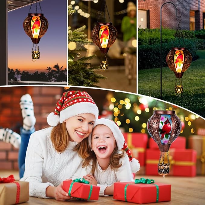 Cardinal Solar Hot Air Balloon Lantern with Flickering Flame Hanging Solar Lanterns Outdoor Waterproof,Metal Hot Air Balloon Lights for Patio Yard Party Garden Decor,Cardinal Gifts for Women