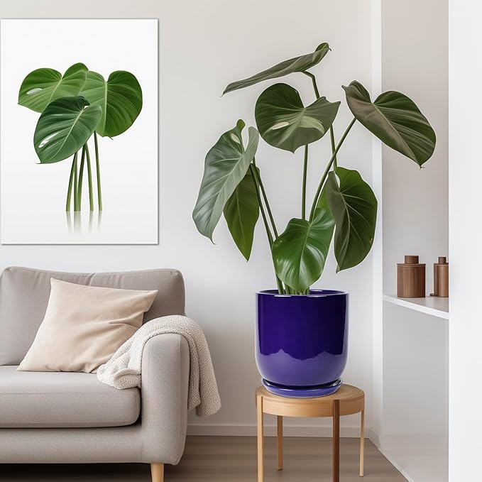 Ceramic Planter - 12 Inch Pots for Plants Ceramic Plant Pot Indoor with Drainage Hole and Saucer Large Planter Flower Pot Outdoor for Home Garden Decor Blue