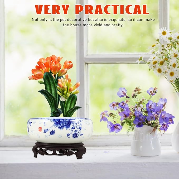 Ceramic Chinese Pot White Water Lily Bowl Ceramic Plant Pot Hydroponic for Garden Home Office-8Inch