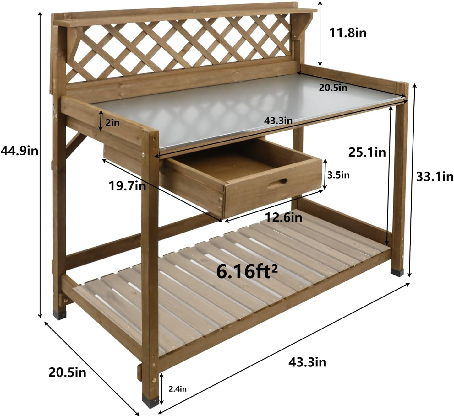 Garden Potting Benches & Tables,Outdoor Wooden Work Station W/Metal Table Top,Drawer,Large Bottom Shelf,Open Shelf Natural Wood-Natural Stained