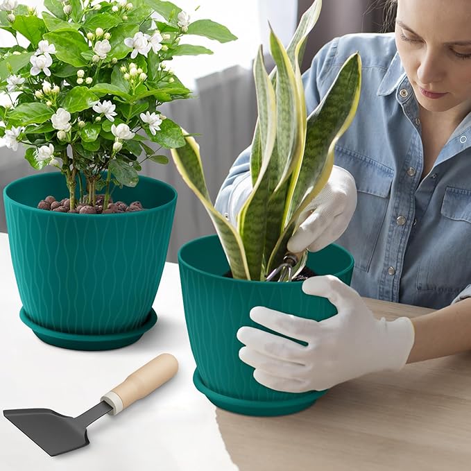 Plant Pots – 6 Inch Planters with Drainage Holes and Saucers, Flower Pots for Indoor and Outdoor Plants, Nursery Planting Pots (Pack of 5, Teal)