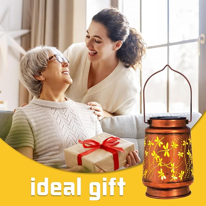 Mothers Day Gifts, 4 Packs Solar Lanterns Outdoor Hanging Lantern Lights, 4 Dragonfly Hollowed-Out Metal Decor Lantern, Waterproof LED Decorative Garden Light Gifts