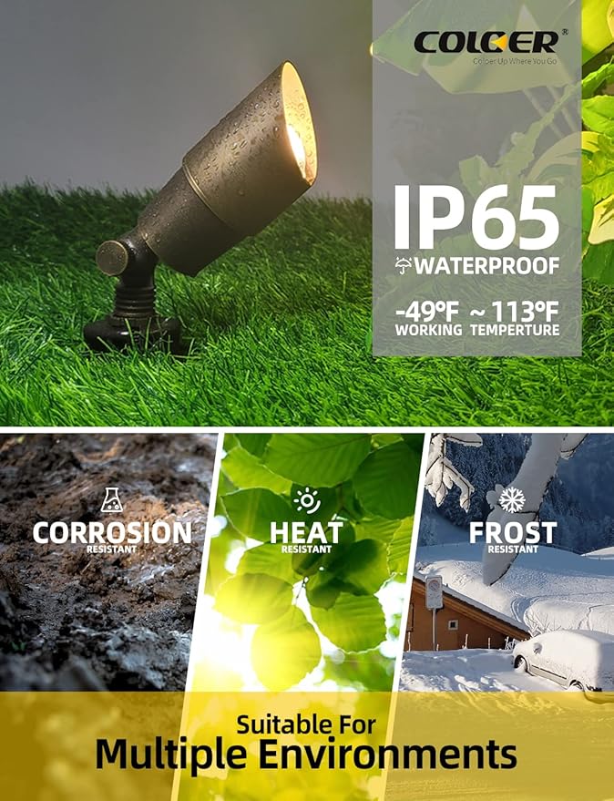 COLOER Brass Landscape Spotlights,10 Pack Spot Lights Outdoor with 5W Aluminum Housing MR16 LED Bulb 2700K 450LM,12V AC/DC Low Voltage Outdoor Lighting for Yard,Uplight for Garden and Patio(101B)