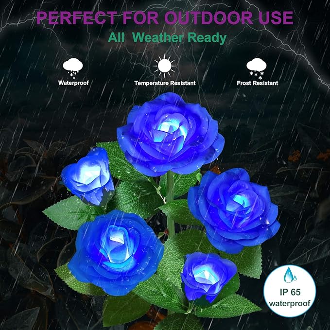 Solar Flower Lights Outdoor - Upgraded New Material Two Modes Realistic LED Solar Powered Waterproof Lights with 20 Roses, Solar Decorative Stake Lights for Garden (Blue, 4 Pack)
