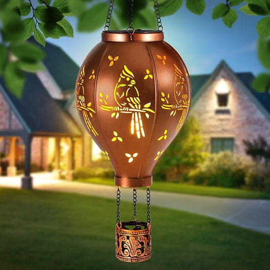 Solar Lights Outdoor Waterproof Cardinal Hot Air Balloon Metal Hanging LED Lantern Decoration Garden,Patio,Yard,Porch for Christmas Decor Gifts for Women Mom Friends