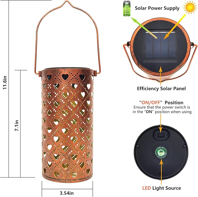 2 Pack Solar Lanterns Outdoor Hanging Heart Pattern Decor Lantern,Waterproof Hollow Out Metal Decorative Garden Light,Graceful Decoration for Patio,Yard,Landscape,Walkway,Festival