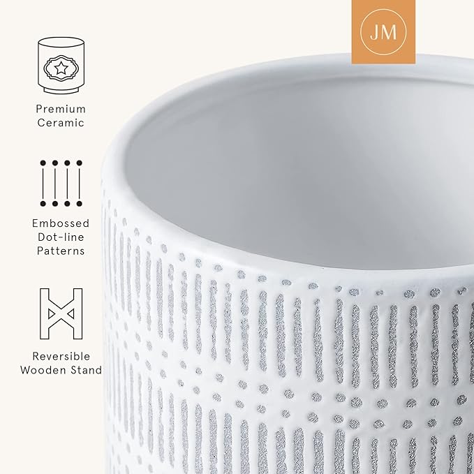 LA JOLIE MUSE Ceramic Plant Pot with Wood Stand - 9.4 Inch Modern Round Decorative Flower Pot Indoor with Wood Planter Holder, Slate Blue and White