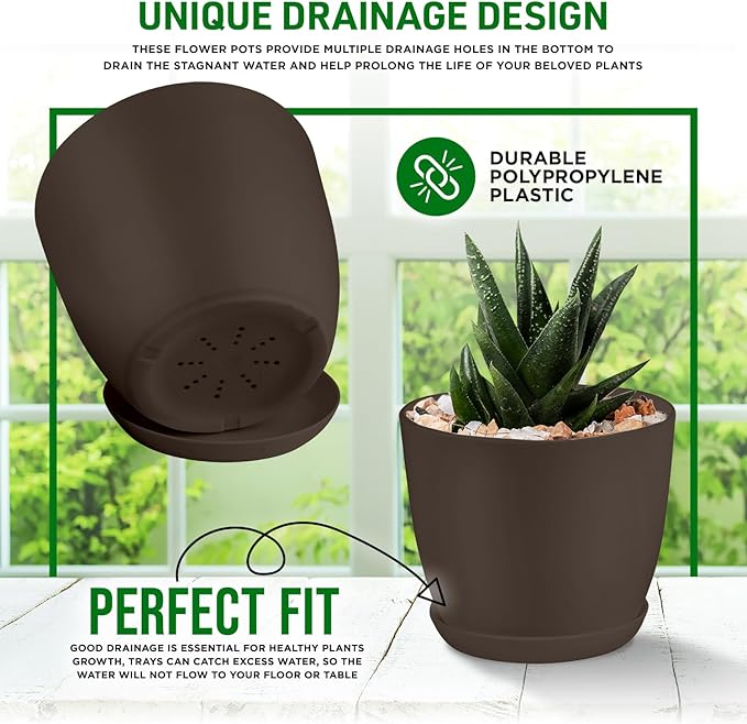 Planter Pots with Drainage Holes - Lightweight, Durable & Space-Saving Pots for Indoor and Outdoor - Versatile Functionality, Simple Modern Design, Set of 5 Plastic Planter Pots - Brown