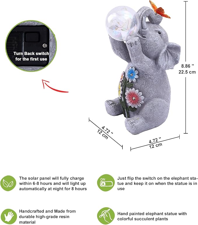 Nacome Solar Elephant Outdoor Statues for Garden: Outside Decor with Blow Bubbles Ball Lights Clearance for Yard Art Lawn Ornaments Porch Patio Balcony Home - Birthday Gifts for Grandma Mom Women