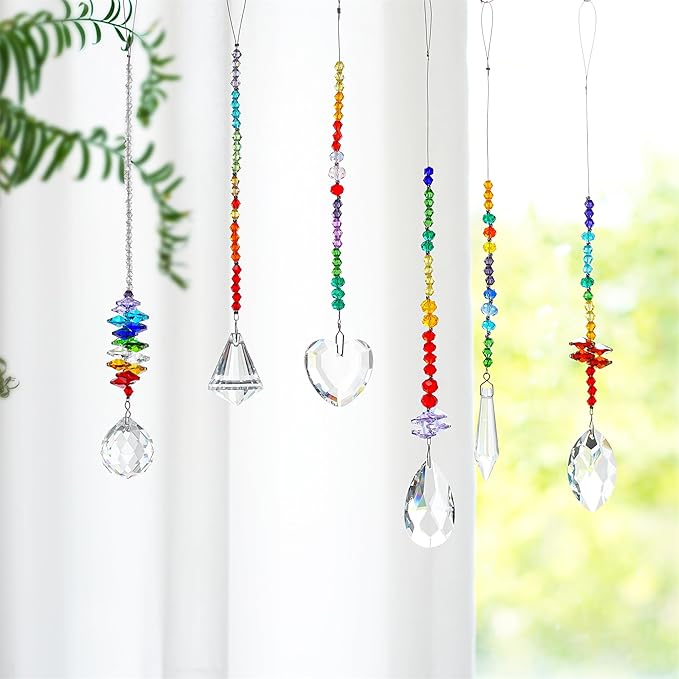 H&D HYALINE & DORA Colorful Crystals Glass Pendants Chandelier Suncatchers Prisms Hanging Ornament Octogon Chakra Crystal Pendants for Home,Office,Garden Decoration,Pack of 6