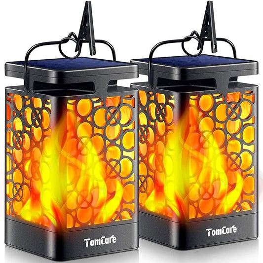 TomCare Solar Lanterns Outdoor Upgraded Flickering Flame Waterproof Hanging Lanterns Decorative Solar Powered LED Christmas Lights for Patio Deck Yard, 2 Pack