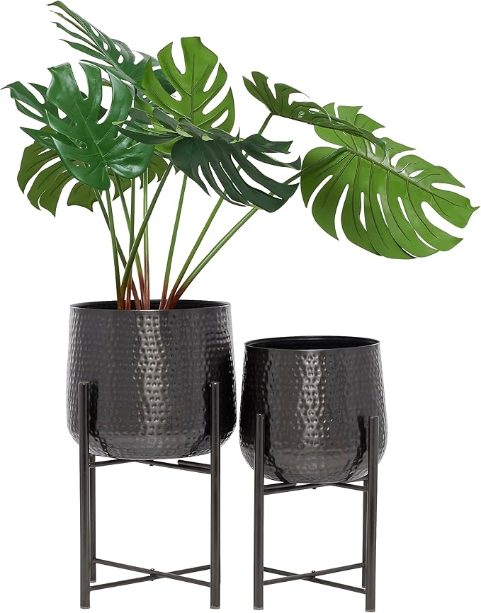 CosmoLiving by Cosmopolitan Metal Indoor Outdoor Planter Large Planter Pot with Removable Stand, Set of 2 Planters 19", 17"H, Black