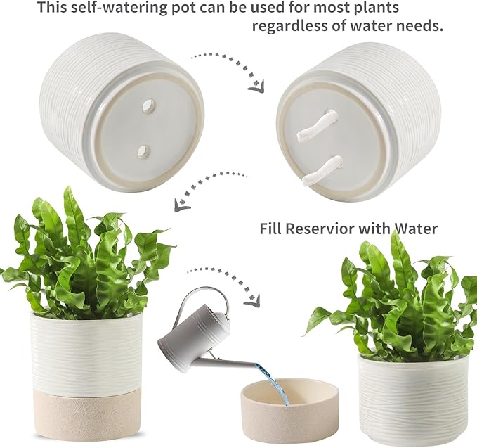 Nihow Self Watering Plant Pot for Indoor Plants: 4.5+6 Inch Ceramic Planter with Drainage Hole & Water Storage Plus - Cylinder Flower Pot with Wick for Herbs -White & Brown